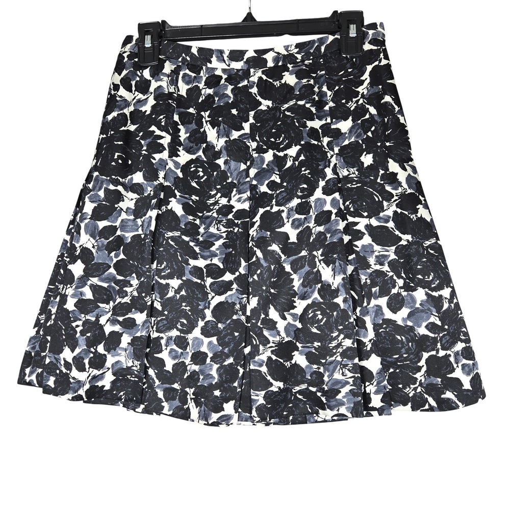 J.Crew Floral Silk Pleated Mini Skirt Womens 2P Black Grey A-Line Lined Preppy